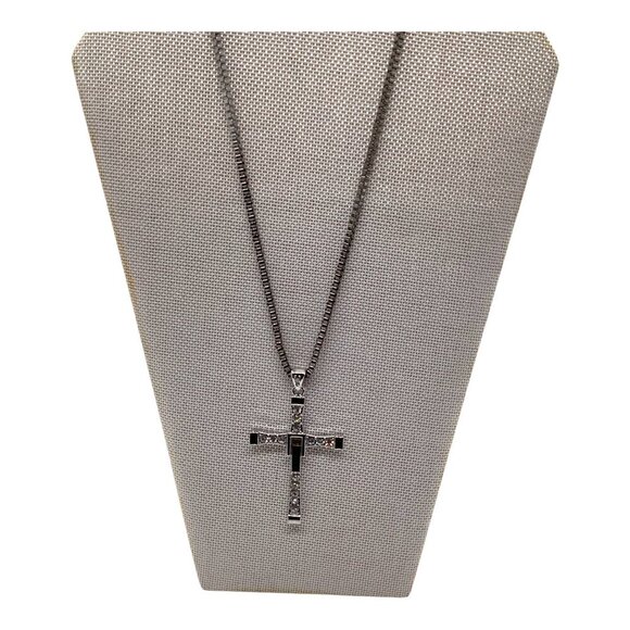 Men’s Rhinestone Cross Pendant Necklace Silver Box Chain - Picture 9 of 16